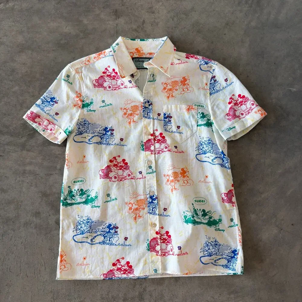 Disney x Gucci Mickey Minnie Mouse Print Short Sleeve Button-Up Shirt Size 52